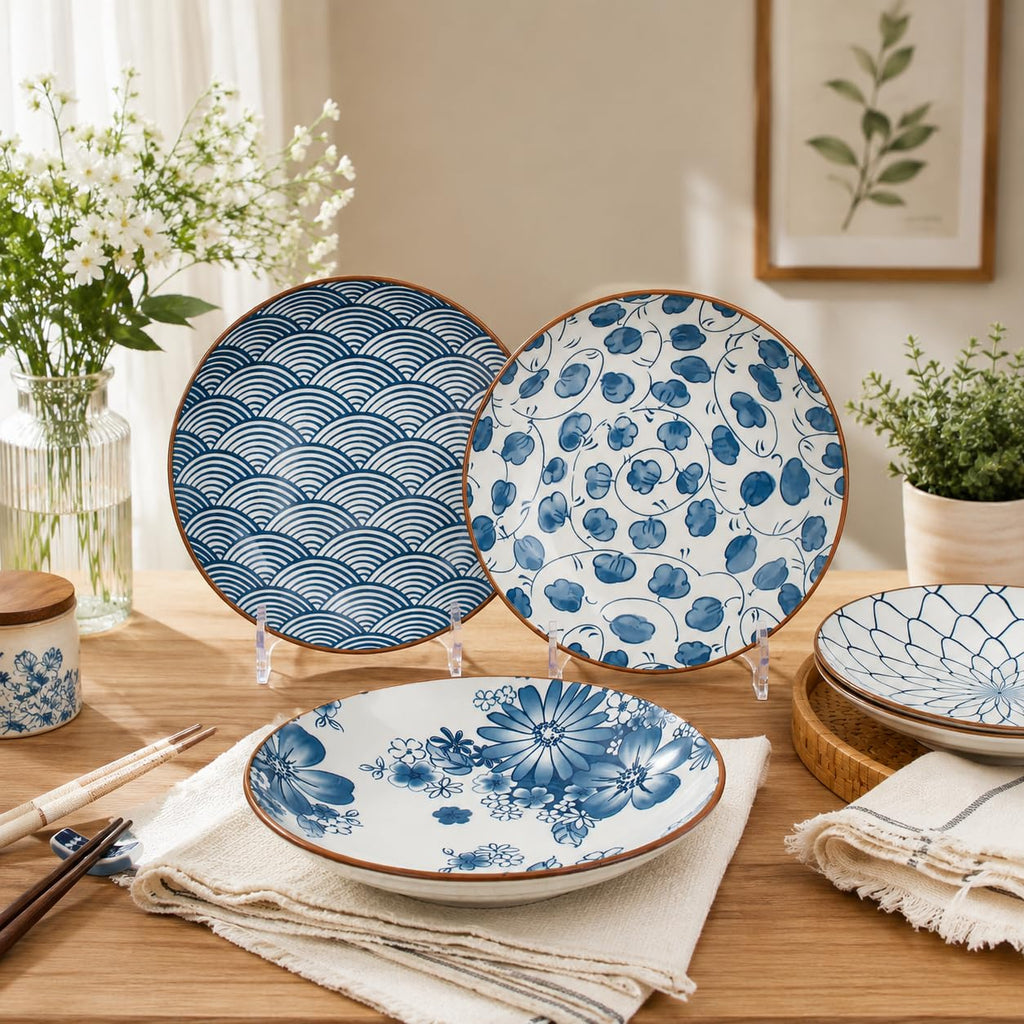 YALONG Small Ceramic Salad Plates Set of 4, 7 Inch (13oz) Japanese Appetizer Plates for Sushi Snacks, Dessert Plates for Cake Fruit, Blue & White Dinnerware, Microwave Dishwasher Safe