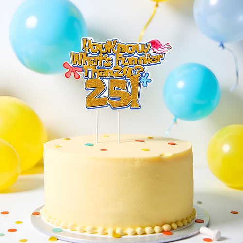 What’s Funnier Than 24? 25! Cake Topper,25th Birthday Cake Decoration, Yellow Sponge Glitter Birthday Party Supplies, 25 Years Later Decor,Cartoon Funny Birthday Cake Pick