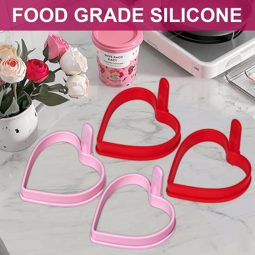Heart Silicone Pancake Molds, 4 Pack Silicone Pancake Molds for Heart Shape Pancakes, Pancake Maker Mould Egg Rings for Griddle - Pink & Red