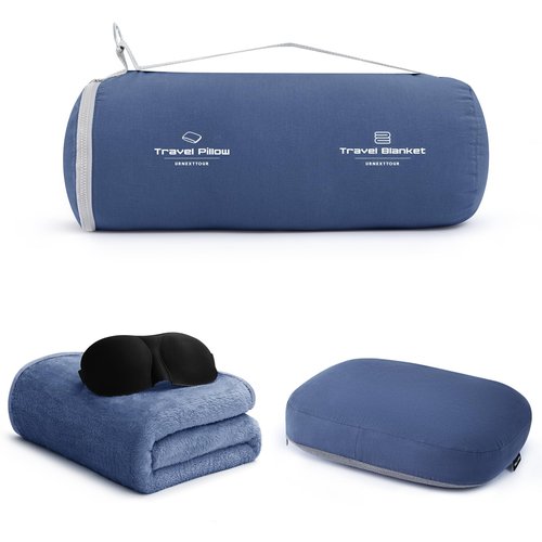 urnexttour 4-in-1 Travel Pillow & Blanket Set with Eye Mask, Memory Foam Neck Support, 50x65 Inch Blanket, Storage Bag for Airplane, Car, Train, Home Travel Blue