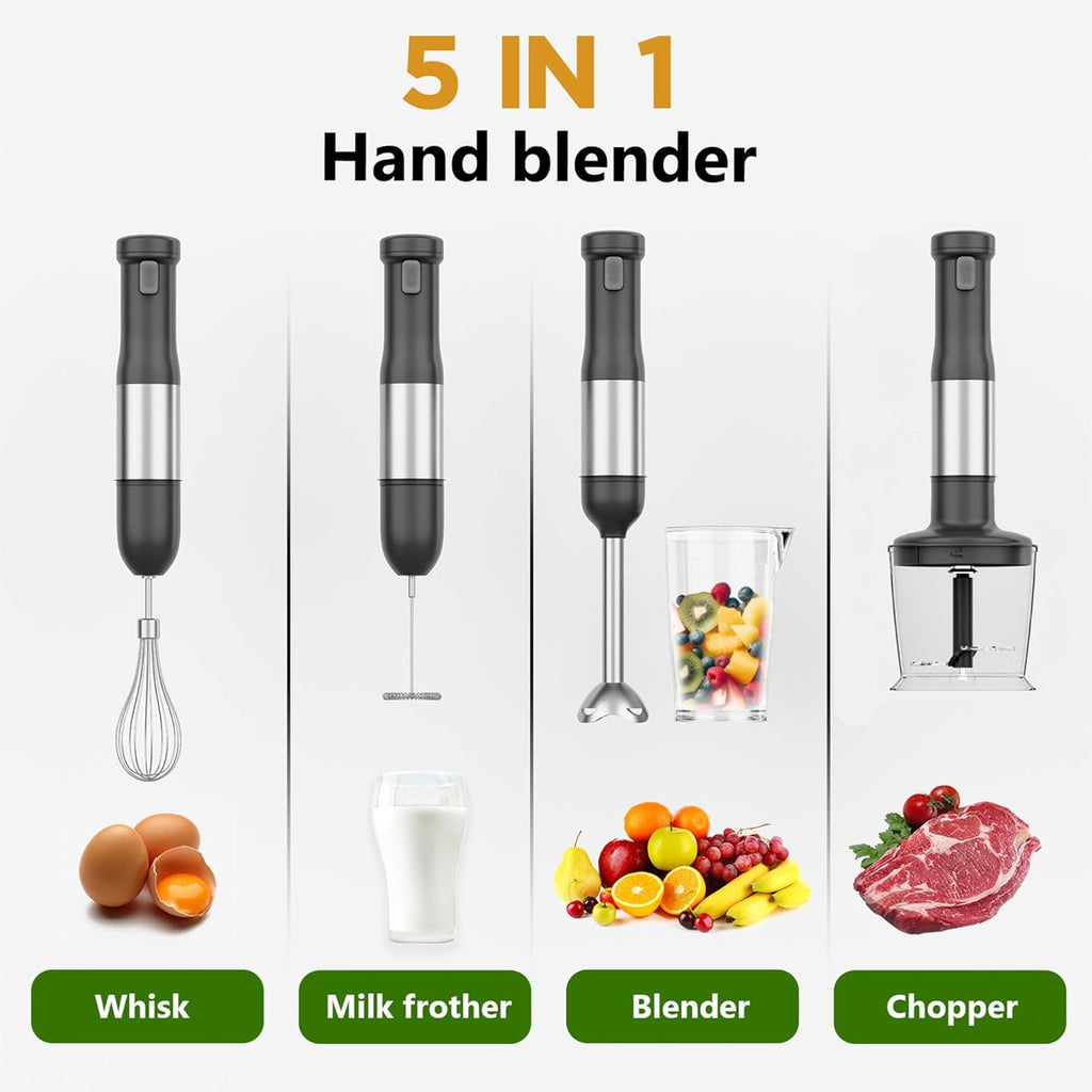 Skiennix Cordless Immersion Hand Blender - 5-in-1 Variable Speed, Rechargeable 2000mAh Battery, BPA-Free Accessories, Grey