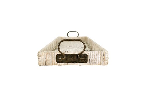 Creative Co-Op Oversize Decorative Rattan Tray with Metal Handles, Tan, Whitewashed