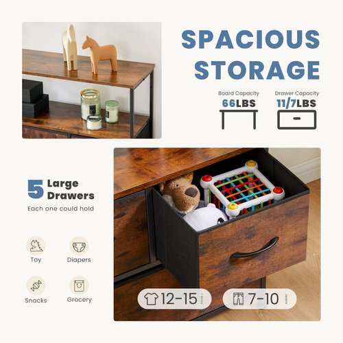 DUMOS TV Stand Dresser with 5 Fabric Storage Drawers, Media Console Featuring Open Shelf for 45 inch TV, Compact Entertainment Unit for Bedroom, Living Space, or Dorm Organization, Rust