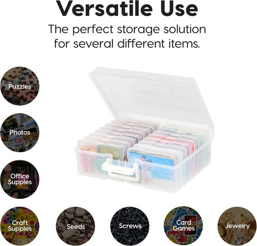 IRIS USA Photo Organizer Box - 4" x 6" Storage with Handle & 16 Inner Cases for Crafts - Clear