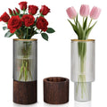 Ribbed Glass Vase Set of 2 Vases for Flowers,10" H Wood Glass Vase with Solid Wooden Base,Rustic Flower Vase for Home Decor,Living Room,Bedroom,Kitchen,Dining Table,Fireplace,Office(Gray & Clear)