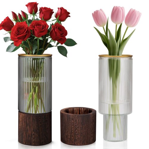 Ribbed Glass Vase Set of 2 Vases for Flowers,10" H Wood Glass Vase with Solid Wooden Base,Rustic Flower Vase for Home Decor,Living Room,Bedroom,Kitchen,Dining Table,Fireplace,Office(Gray & Clear)