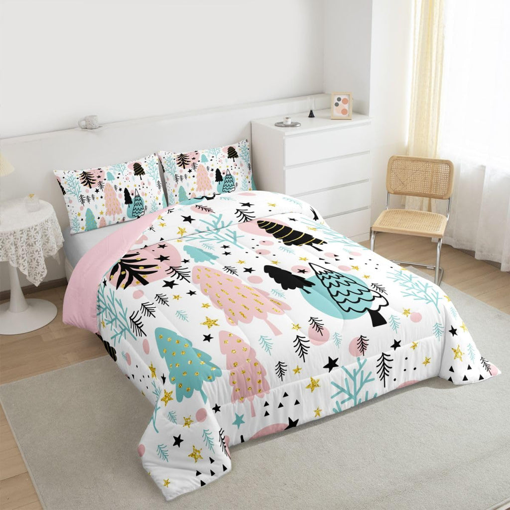 Xmas Comforter Set Queen Size Merry Christmas Bedding Winter Themed Bedding Comforter Sets Pine Snowflake Print Duvet Sets for Boys Girls Kids Happy New Year Gifts Christmas Decor Quilt 3 Piece