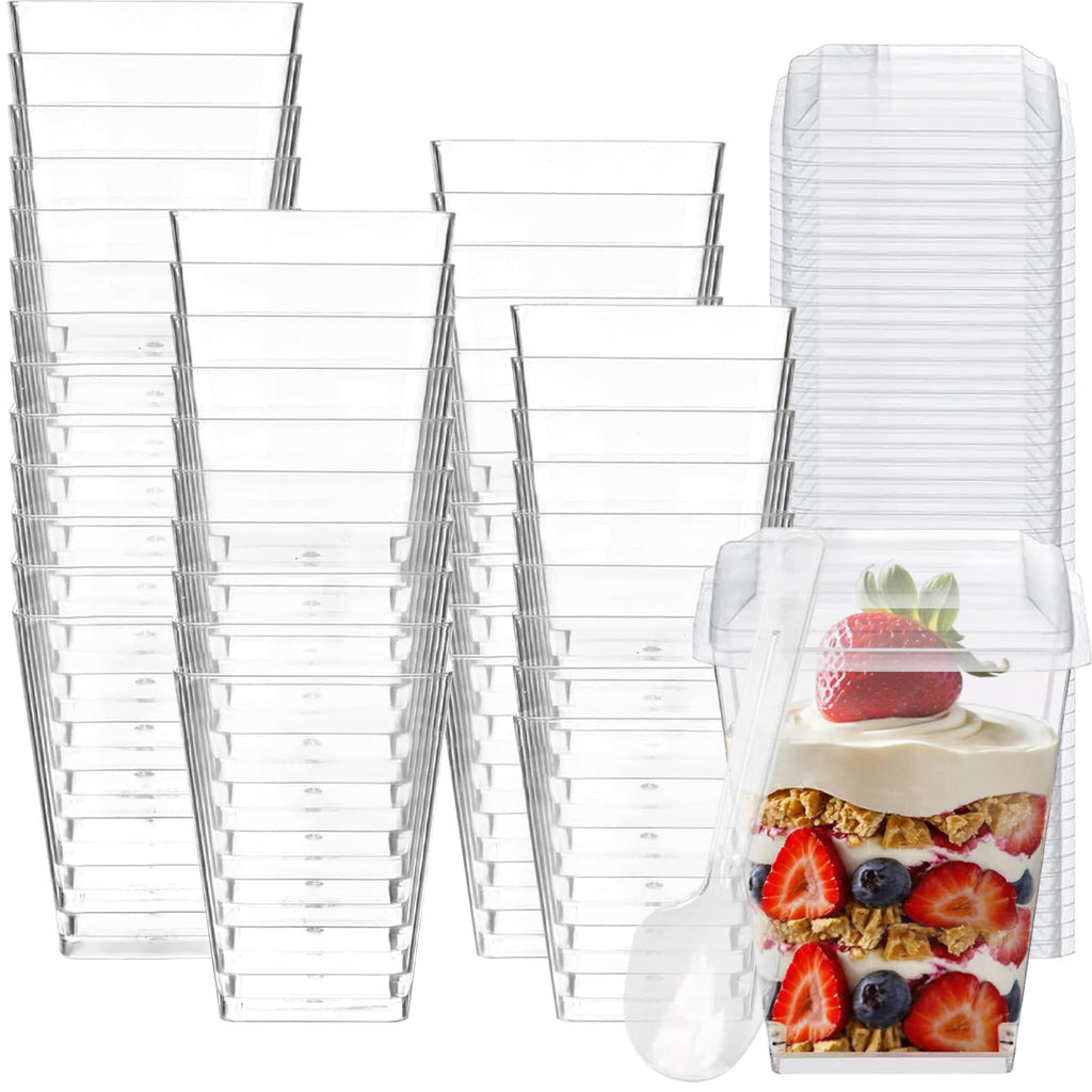 joy akkess 100 Pack 5 oz Plastic Dessert Cups with Lids and Spoons - Clear Yogurt Parfait Cups with Lids - Mini Dessert Shooter Cup with Spoons for Fruit Pudding Mousse Ice Cream Appetizer