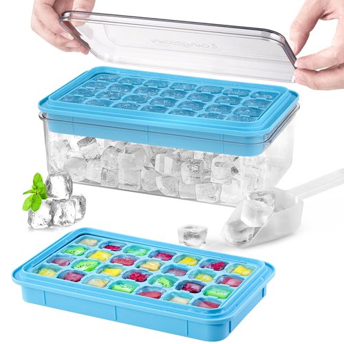 Longzon Ice Cube Tray with Lid and Bin, 56 Pcs Ice Cube Trays for Freezer, Ice Cube Mold, Ice Molds Spill-Resistant Removable Lid & Ice Scoop, Ice Mold for Whiskey Cocktail, Tea, Coffee -Blue