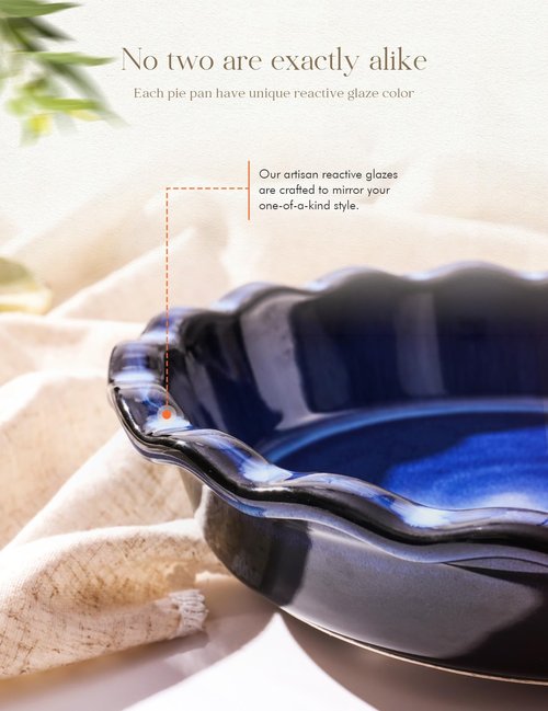 AISBUGUR Pie Pan for Baking 9 Inch Ceramic Pie Dish Quiche Baking Dish Non-Stick Dishwasher & Oven Safe (Reactive Glaze Blue)