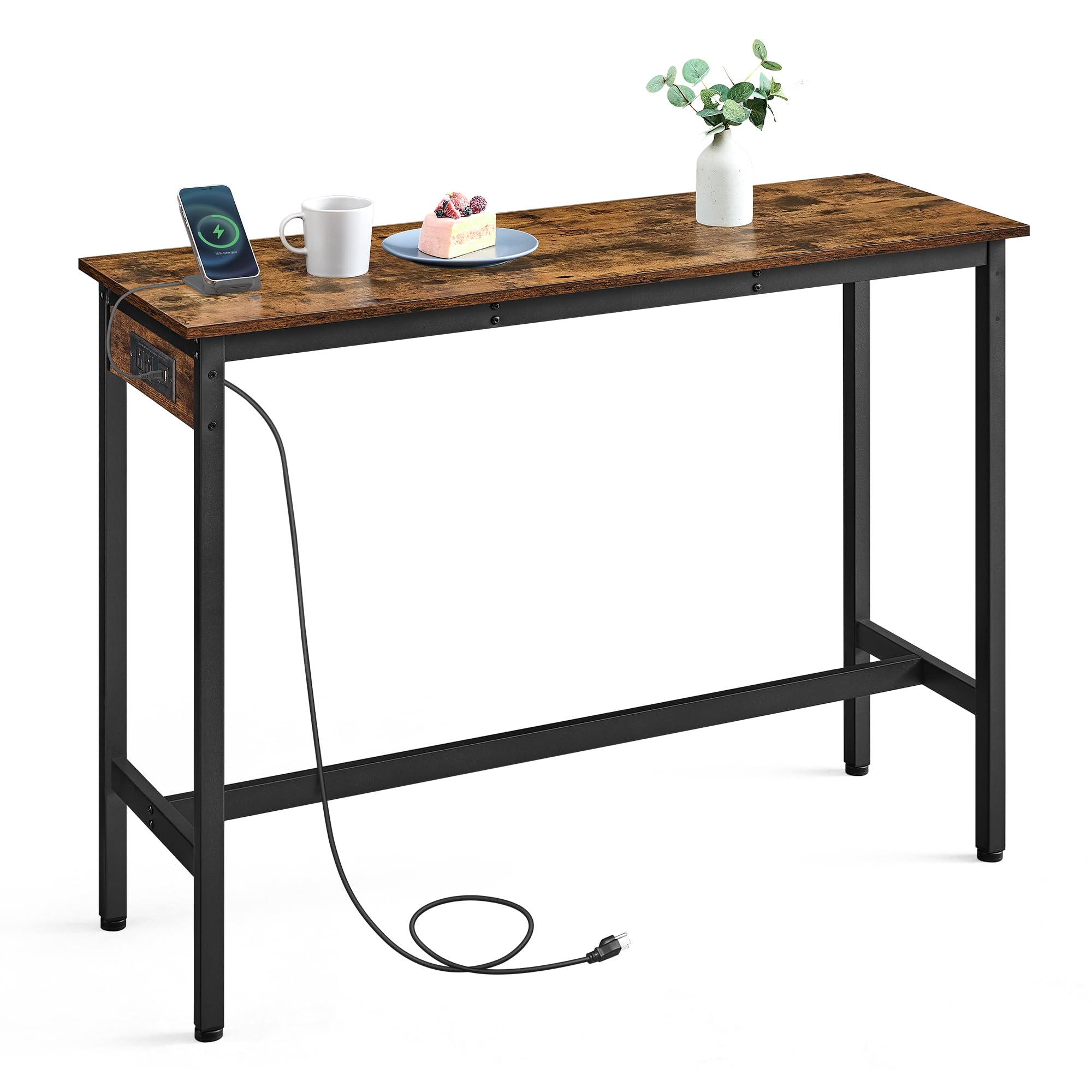 VASAGLE Bar Table, Narrow Long Kitchen Dining Table with Charging Station, Sturdy Metal Frame, Industrial, 15.7 x 47.2 x 35.4 Inches, Rustic Brown and Ink Black ULBT121K01