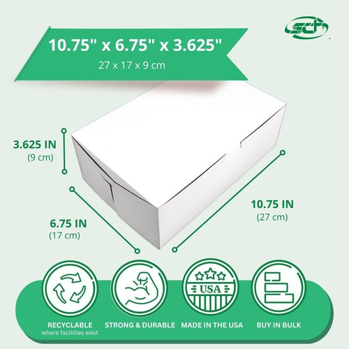 SCT white one-piece non-window bakery boxes, 10.75 x 6.75 x 3.63, white, paper, 250/carton