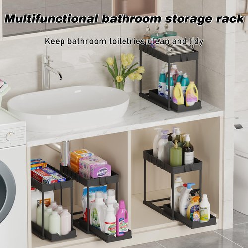 Meltrck Under Sink Organizer 2 Pack,Bathroom Under Cabinet Storage with Pull Out Sliding Drawers for Kitchen Organization,12.8 Inch,Black