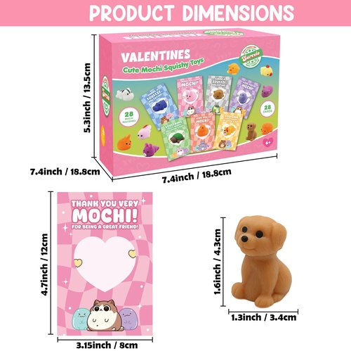 SURCVIO 28 Pack Valentines Day Gifts for Kids School, Animal Mochi Squishies with Greeting Cards, Classroom Exchange Party Favors, Stress Relief Fidget Toys, School Prize Supplies