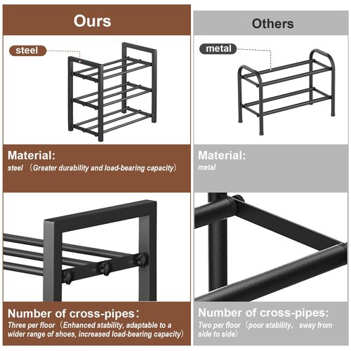 HDDTTZ 3-Tier Expandable Shoe Rack, Adjustable Shoe Shelf Storage Organizer Heavy Duty Metal Free Standing Shoe Rack for Entryway Closet Doorway (Black)