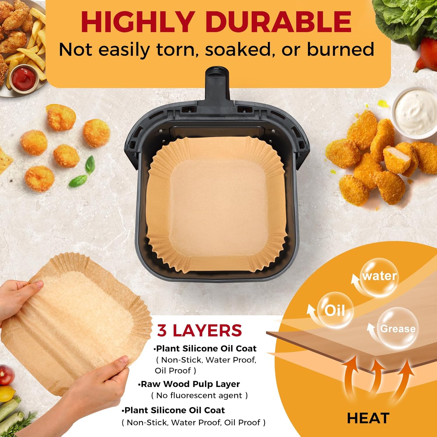 Air Fryer Liners | 100 Pcs Non-Stick Disposable Parchment Paper - 4.7" Square for 1-3 QT Baskets