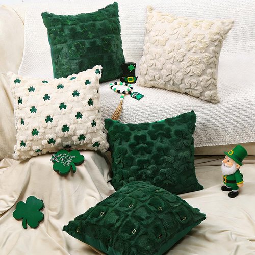 Heirloom Haven St Patrick’s Day Pillow Covers Set of 2, Beige Shamrock Green Embroidery Irish Soft Plush Faux Fur Jacquard Embroider Decorative Holiday Farmhouse Cushion Case for Sofa 18 x 18 Inch
