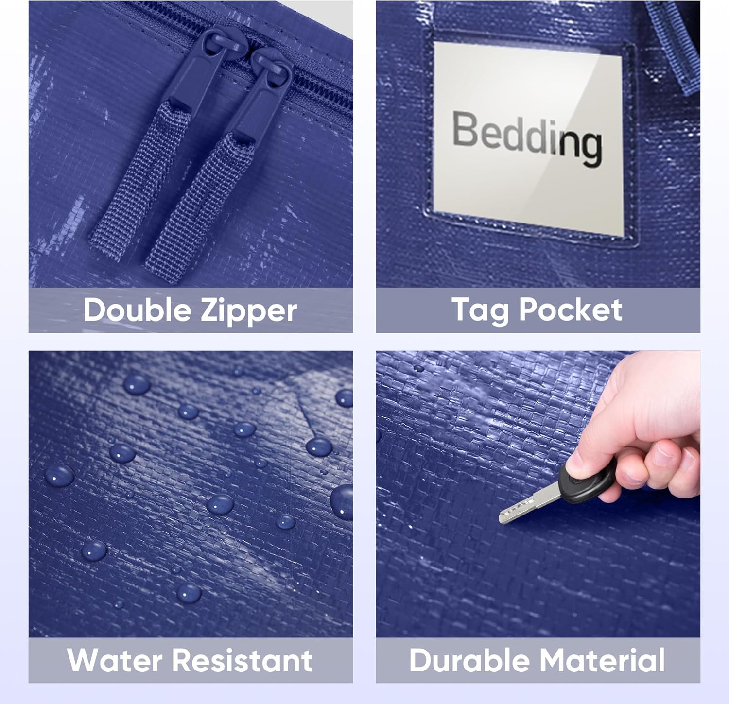 TICONN Extra Large Heavy-Duty Moving Bags - Durable Storage with Zippers & Handles | 4 Pack, Navy