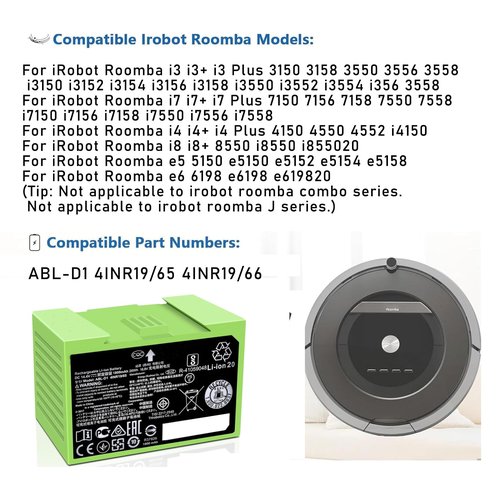 SONXIAVIVO 1800mAh for iRobot Replacement Parts Roomba ABL-D1 Lithium Ion Battery Compatible with Roomba i7 i7+ i8 i6 i4 i4+ i3 i3+ i7158 J7 7150 7550 and e e5 e6 e5150 e5152 e6198 14.4V 26Wh