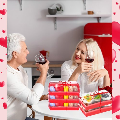 Ziliny 200 Pcs Red Dessert Treat Boxes with Clear Lids & Rope, 7.5" Rectangle Bakery Display Boxes for Cookies Cupcakes Macarons, Wedding Favor, Mother's Day Treats
