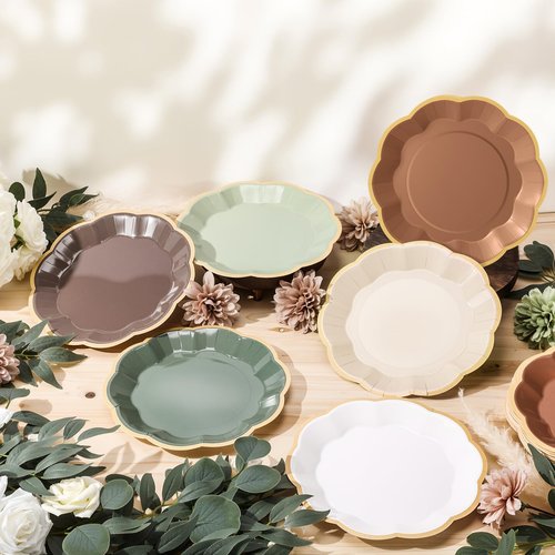 Tiangrid 72 Pcs Woodland Paper Plates 9 Inch Green and Brown Gradient Scalloped Paper Disposable Dinner Dessert Plates for Birthday Wedding Bridal Party Supplies, 6 Colors