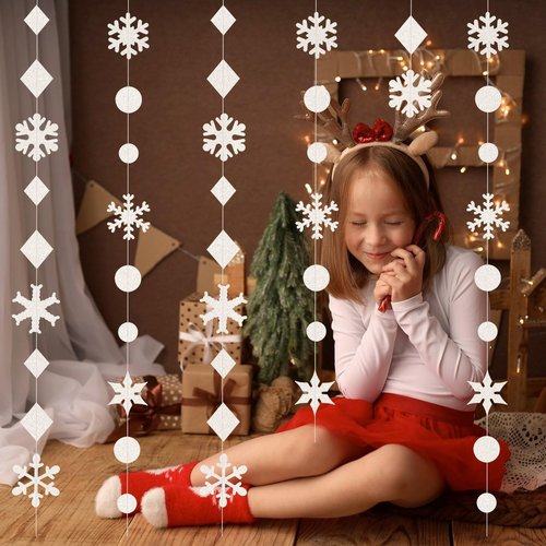 65Ft Winter Wonderland Snowflakes Decorations Glitter White Snowflake Garland- Shimmer Holographic Paper Snowflakes Streamers for Christmas Frozen Birthday Winter Wonderland Party Baby Shower Decor