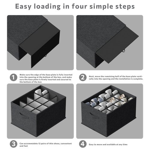 FHSQX 4 Pack Shoe Organizer for Closet,Foldable Shoe Organizer,Fits up to 48 Pairs,Storage Containers With Bottom Support for Shoes (Black, (16.5 * 12.6 * 9.5) x4)