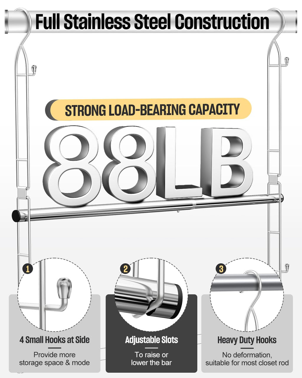 Supforce Hanging Closet Rod Stainless Steel, 2 Pack Adjustable Height & Width Closet Rod Extender, Space-Saving Closet Hanging Storage Organizer，Load up to 88LB
