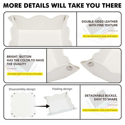 ABCHCHS Valet Tray for Men Women - PU Leather Travel Catchall Tray Organizer - Desk Bedside Nightstand Storage Box for Jewelry Key Phone Remote Controller Wallet Watch Glasses Coin Readers -White