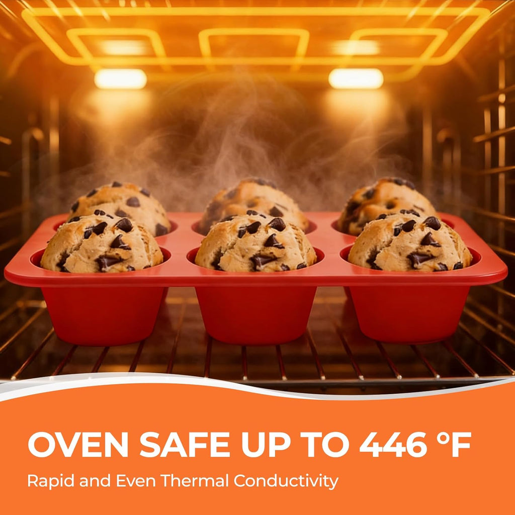 Skiennix Jumbo Muffin Pan - 6 Cup Silicone Baking Mold | 3.5 Inch Non-Stick Design
