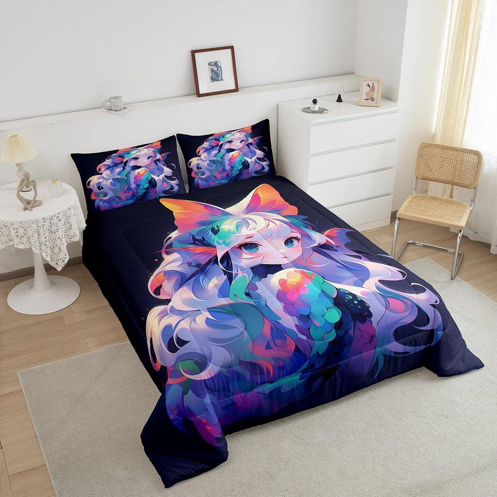 Erosebridal Anime Comforter Set Japanese Girl Bedding Comforter Sets 3D Cartoon Printed Bedding Queen for Kids Girls Anime Gifts Quilt with 2 Pillow Cases