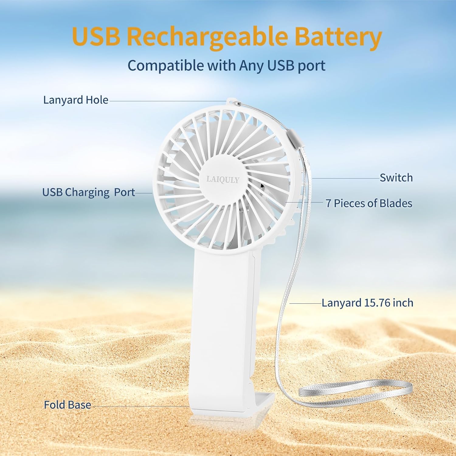 Skiennix Handheld Fan - Portable 3-Speed USB Rechargeable Mini Desk Fan for Home & Travel - White