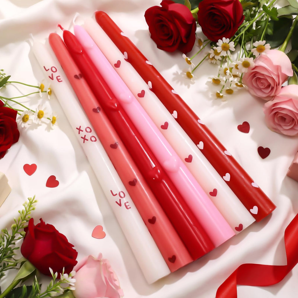 Threlaco 6pcs Pink Red Heart Taper Candle Set 10 Inch Valentine's Candle Sticks Valentines Decorative Candles Long Unscented Candlesticks for Valentine's Day Party Table Anniversary Wedding Decor