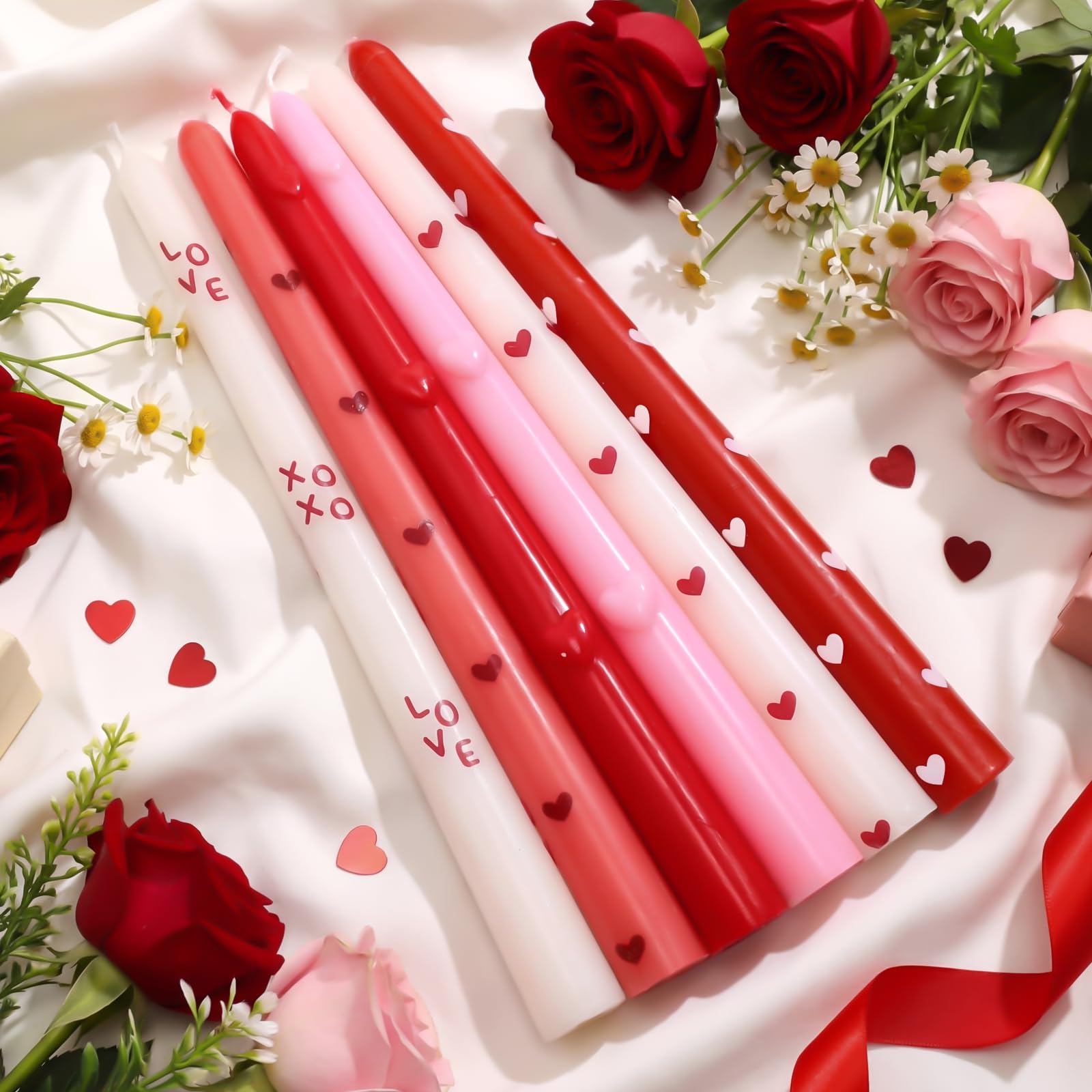 Threlaco 6pcs Pink Red Heart Taper Candle Set 10 Inch Valentine's Candle Sticks Valentines Decorative Candles Long Unscented Candlesticks for Valentine's Day Party Table Anniversary Wedding Decor