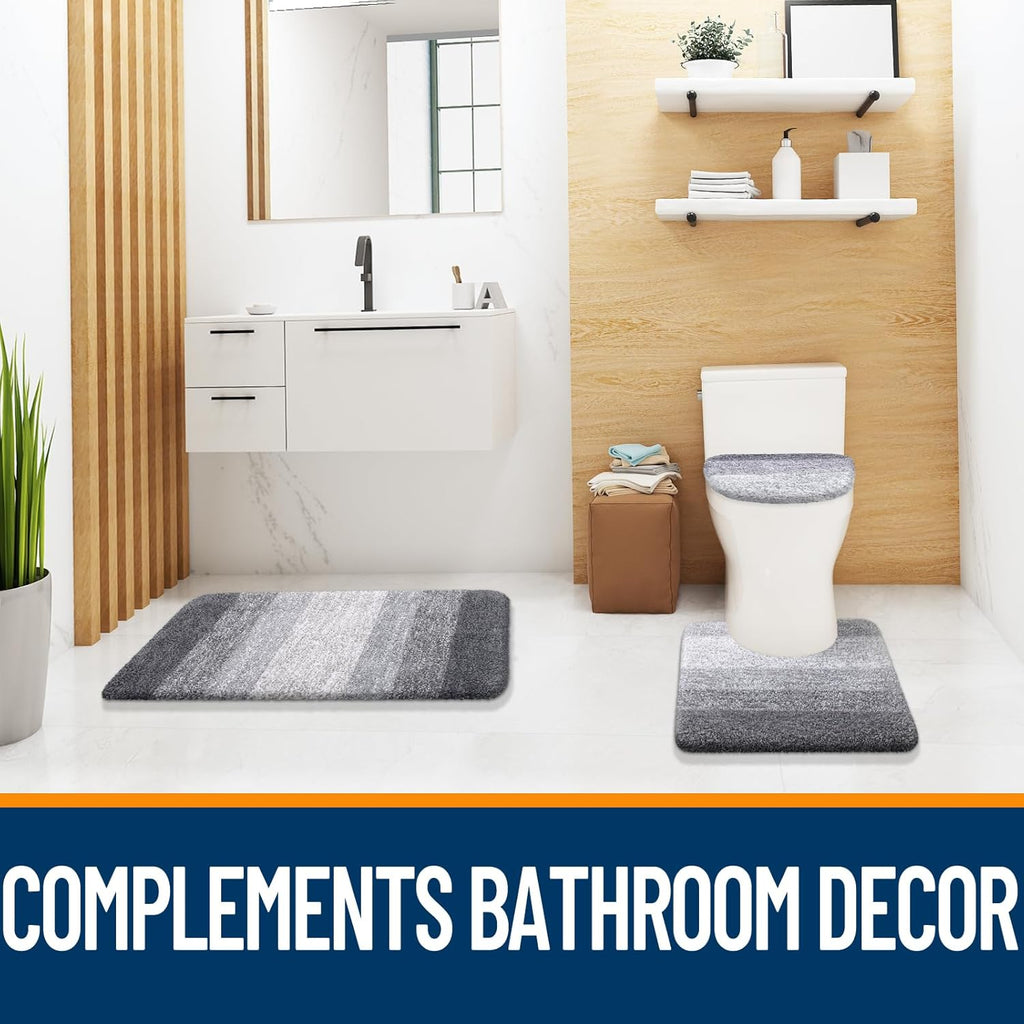 OLANLY Bathroom Rug Set - Soft Microfiber Absorbent Mats | U-Shaped Contour Toilet Mat & Lid Cover - Grey