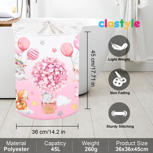 Clastyle 45L Hot Air Balloon Animal Laundry Basket Blooming Flowers Balloon Baby Nursery Basket Elephant Fox Bunny Basket Toy Clothes Pink Storage Basket for Girl Room Decor