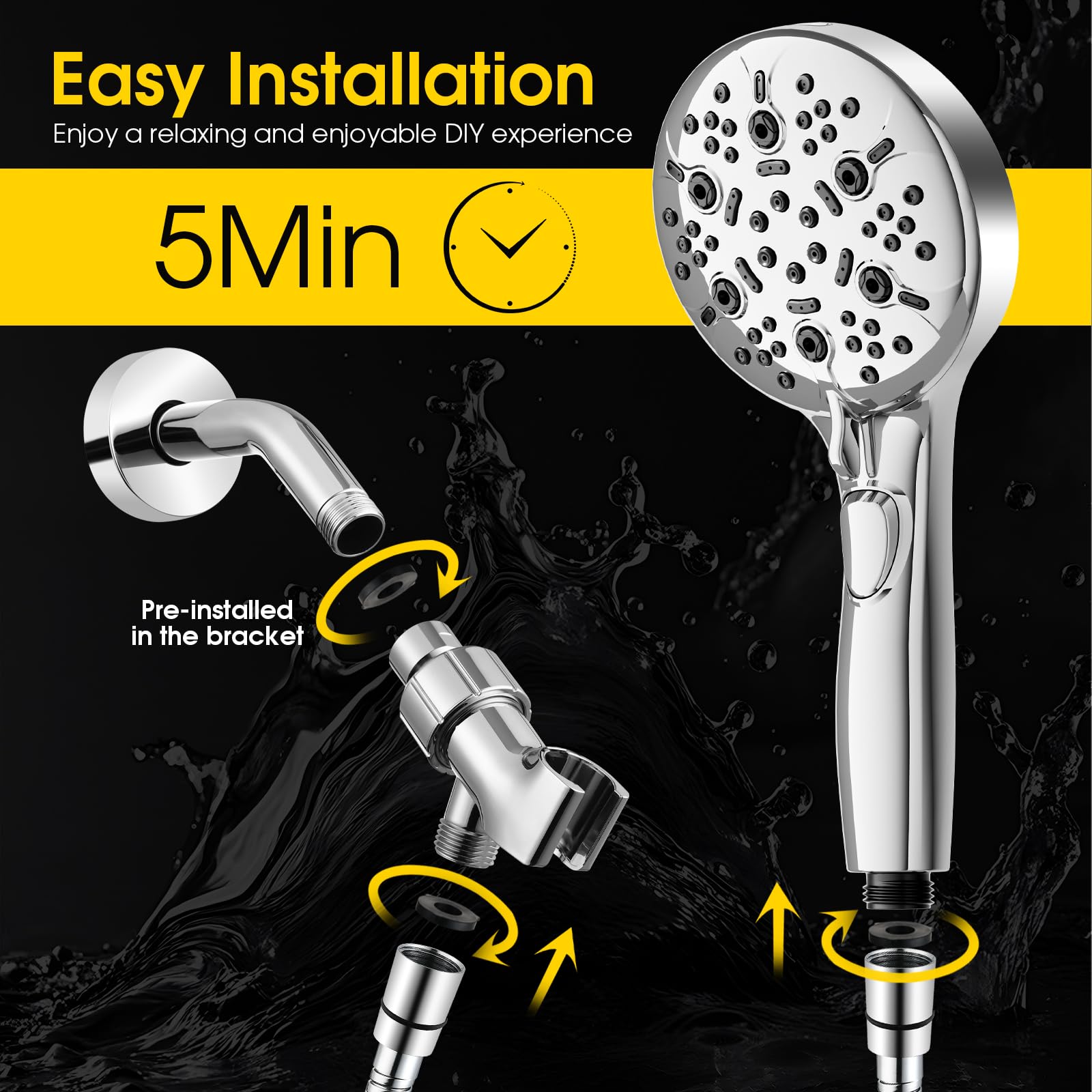 XFTHyzo 8-Mode High Pressure Handheld Shower Head with ON/OFF Switch,Handheld Shower Wand with Power Wash Spray for Cleaning Tubs,Pets & Tiles,79-Inch Stainless Steel Hose & Bracket,Chrome