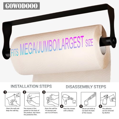 GOWODOOO Paper Towel Holder Under Cabinet,Paper Towel Holder,SUS304 Stainless Steel Alloy Kitchen Towel Holders,Self Adhesive Kitchen Roll Holder for Kitchen,Living Room,Bathroom(Matte Black)