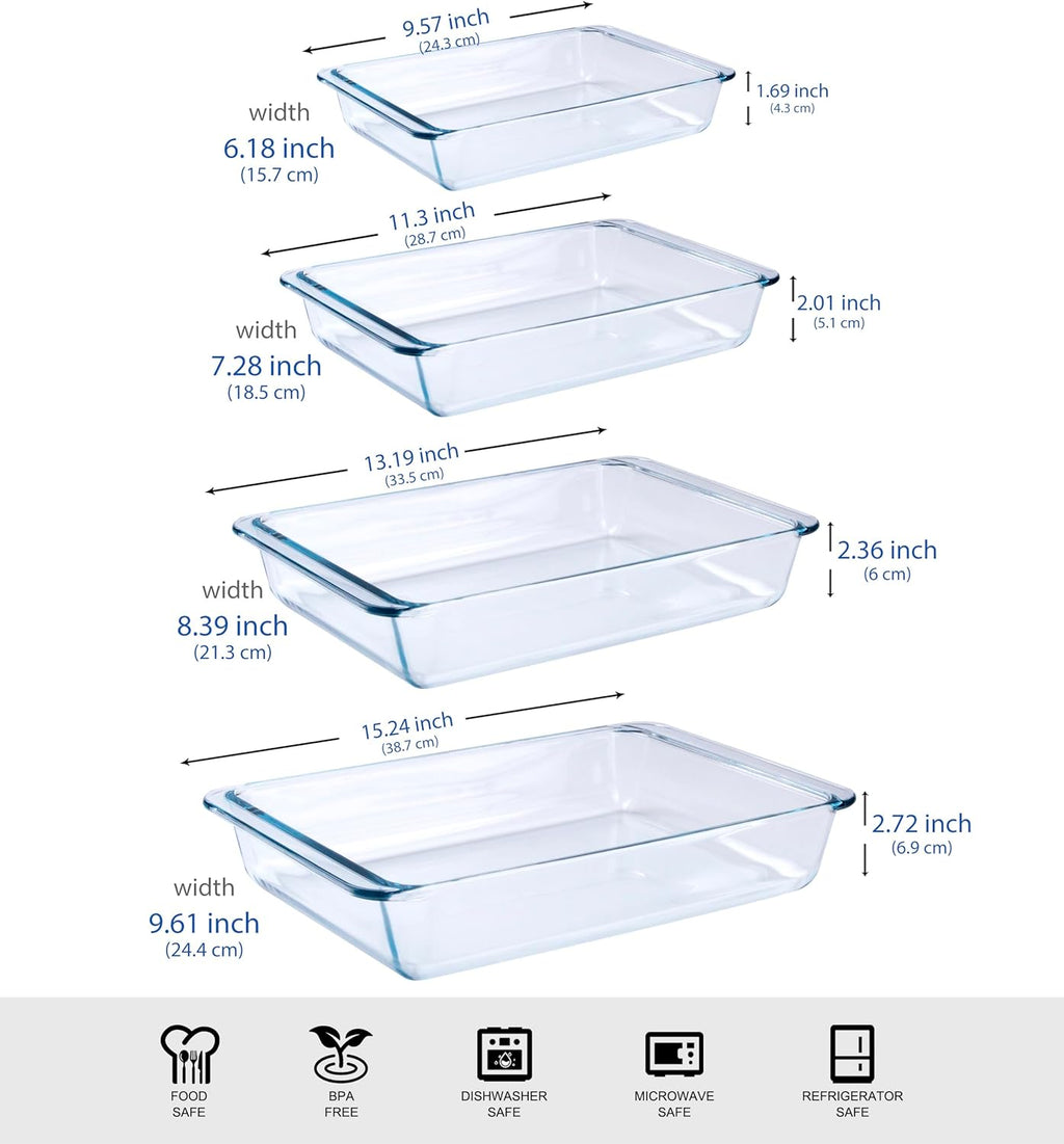 Tempered Glass Baking Pan Set by Basic - 4-Piece Oven & Microwave Safe Dish Set | 1L, 1.7L, 2.8L, 4.2L