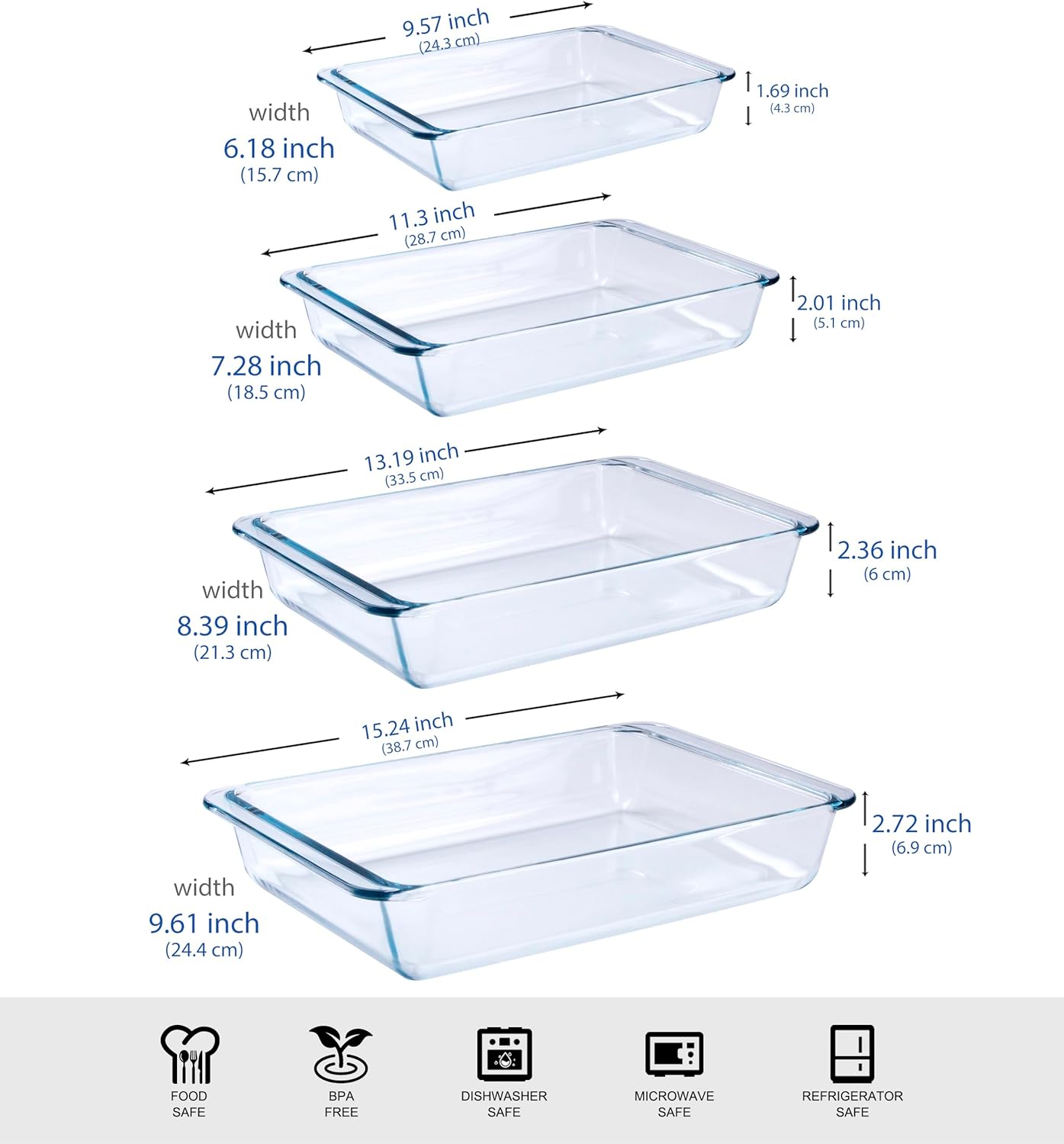 Tempered Glass Baking Pan Set by Basic - 4-Piece Oven & Microwave Safe Dish Set | 1L, 1.7L, 2.8L, 4.2L