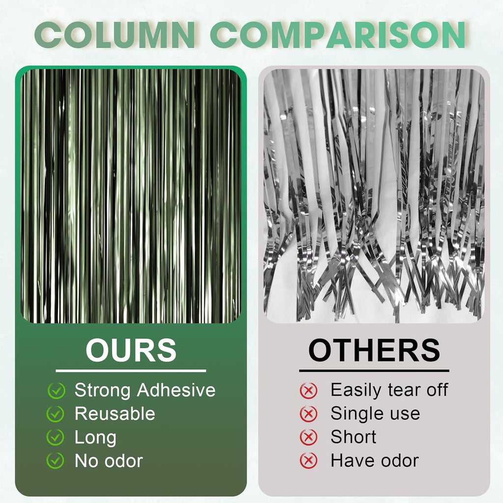 Voircoloria Matte Green Foil Fringe Backdrop Curtains - 3 Pack Tinsel Streamers for Parties | 3.3 x 8.2 ft