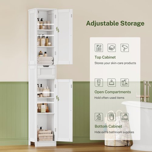 WEENFON 67 Tall Bathroom Cabinet with 6 Shelves & 1 Drawer, Narrow Storage Cabinet with Adjustable Shelves, Silm Cabinet for Living Room, Kitchen, White