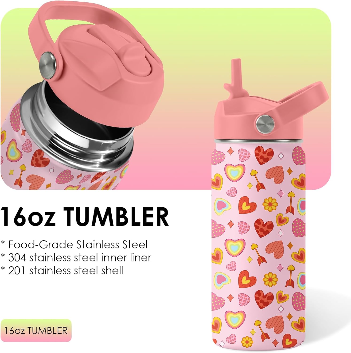Skiennix Heart Pattern Kids Water Bottle - 16 Oz Stainless Steel Insulated Tumbler, Leak Proof, BPA-Free, Perfect for School & Travel