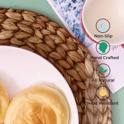 BARIEN Brown Woven Placemats Round Set of 10, Natural Water Hyacinth Weave Placemat for Dining Table, Large Handmade Woven Placemats Heat Resistant Non-Slip (14")