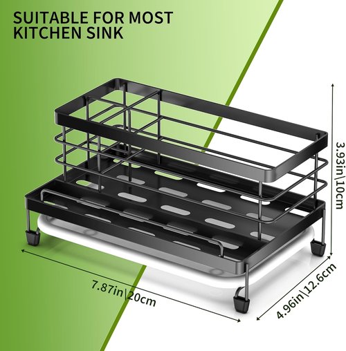 Cisily Large Black Sponge Holder - Rustproof Kitchen Sink Organizer with Drip Tray & Non-Slip Design