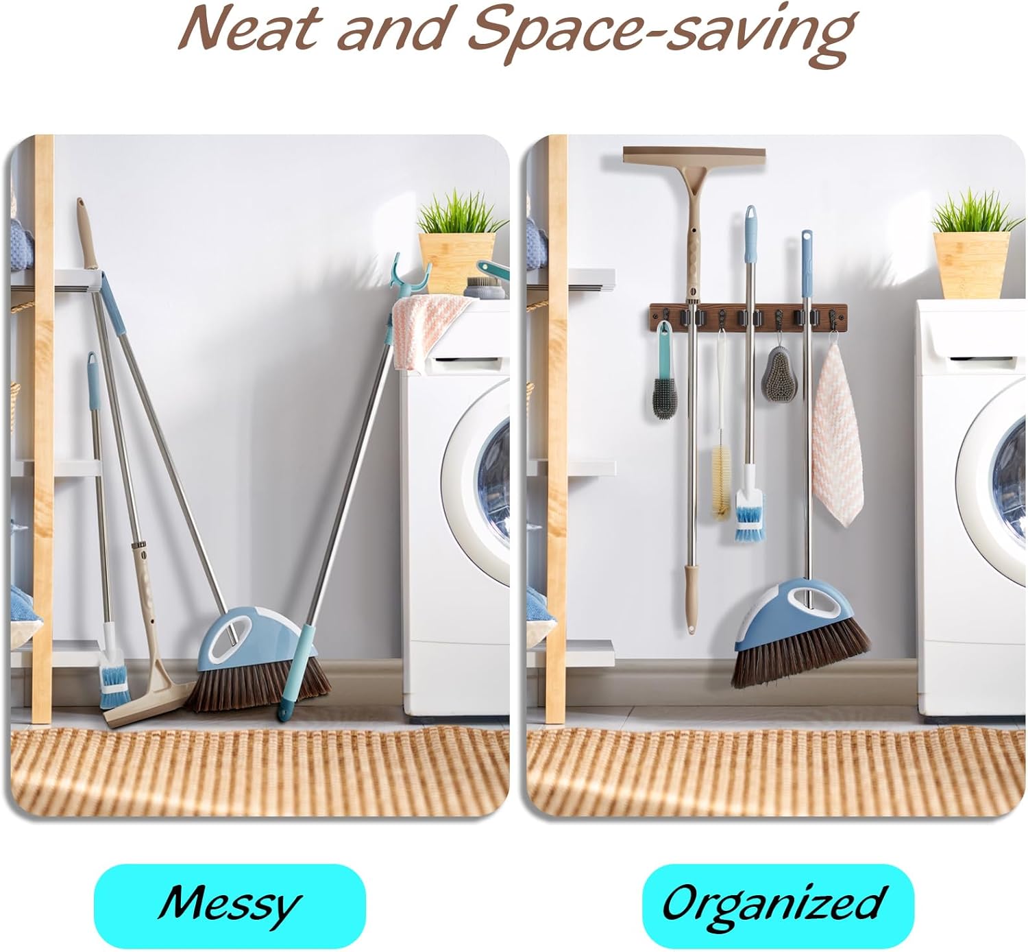 OUTNILI Mop Broom Holder Wall Mount - 2 Pack Rustic Wood Organizer with 3 Slots & 4 Hooks for Kitchen & Garden