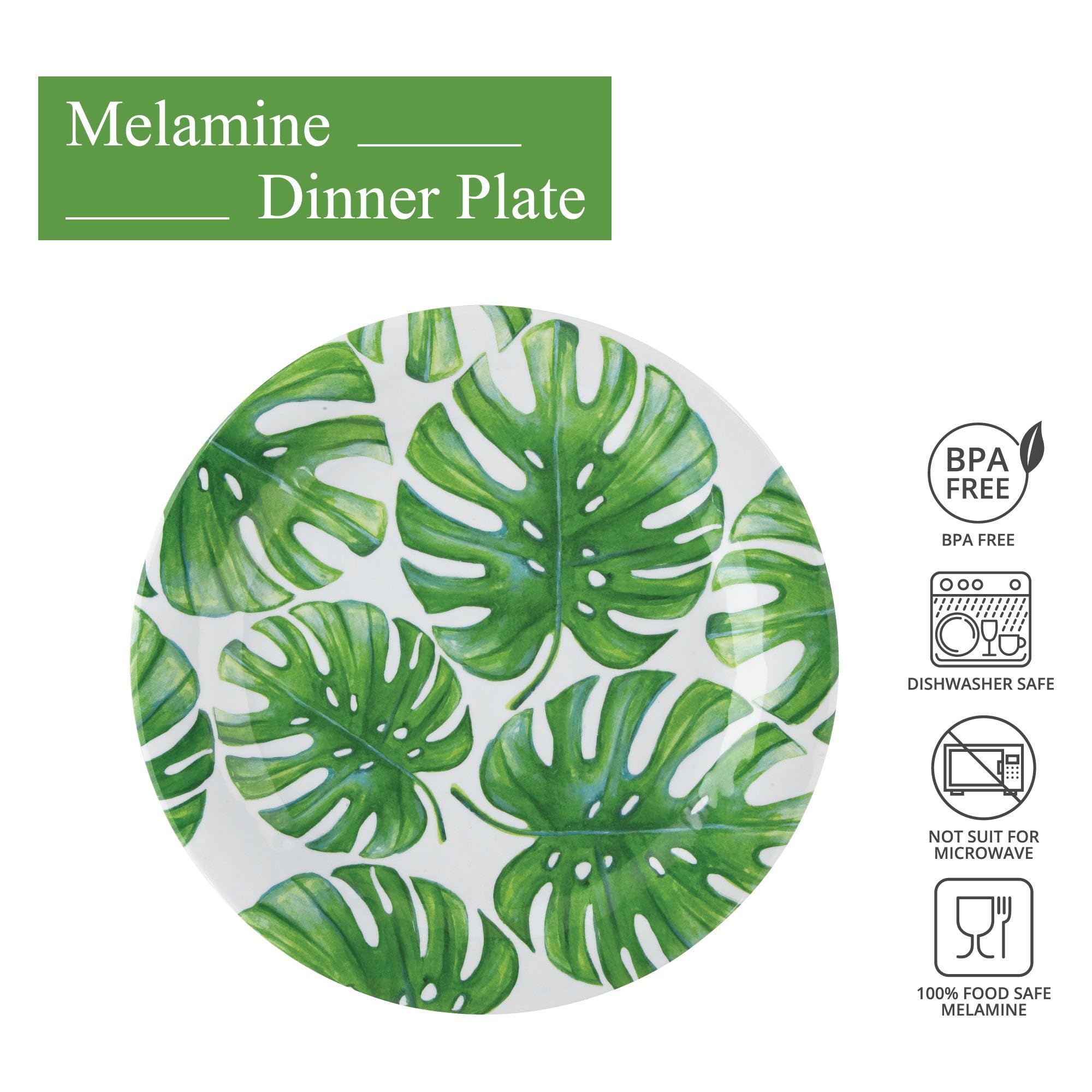 UPware Monstera Melamine Dinner Plate Set, Round Plates for Main course, Pasta, and Salad, BPA-Free, Dishwasher Safe, Green, 11 Inch, Set of 6