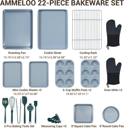 Ammeloo 22-Piece Non-Stick Baking Pans Set - Stackable Bakeware with Oven Mitt & Utensils | Gray & Hunter Green