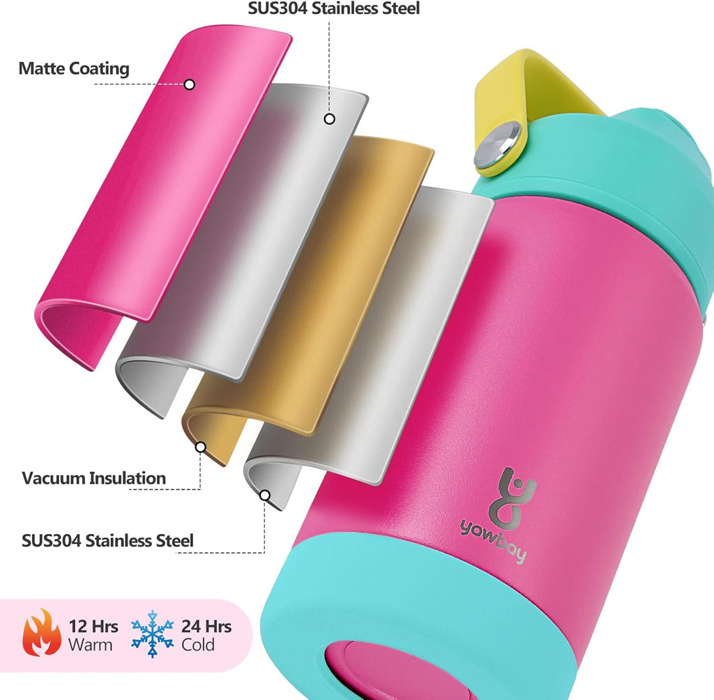 Skiennix Kids Insulated Water Bottle - 12oz Leak-Proof Design with Straw Lid & Silicone Handle | Rose Pink