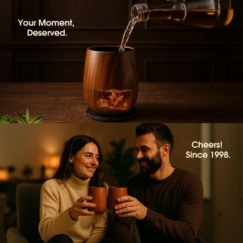 Bonteck Charred Wooden Bourbon Drinking Glass | Bourbon Gifts for Men | Large Old Fashioned Glass | 14 oz Wooden Whiskey Tumbler | Birthday Whiskey Gifts for Men, Dad or Brother (2 Pack)